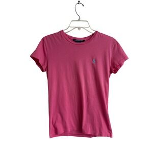 Ralph Lauren Sport Pink Cotton Crew Neck T-Shirt Womens Small Blue Pony Logo
